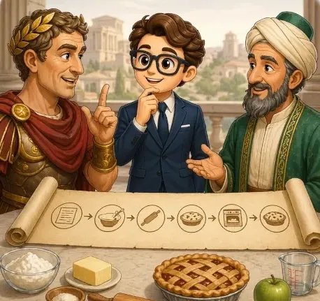 Caesar, Al-Khwarizmi, and Mathy discussing a problem